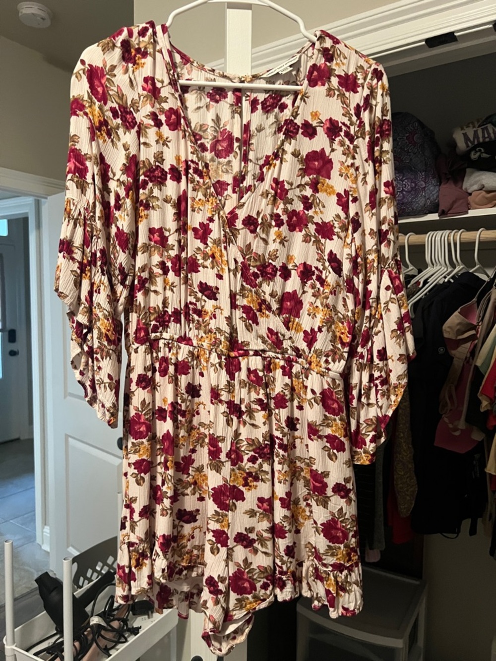 Floral V-Neck Cropped Sleeve Rhomper  - Cream with Burgundy Flowers